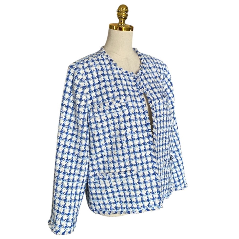 Ann Taylor Women Blue White Plaid Classic Tweed Fringe Trim Office Blazer Sz 16 - Picture 4 of 10
